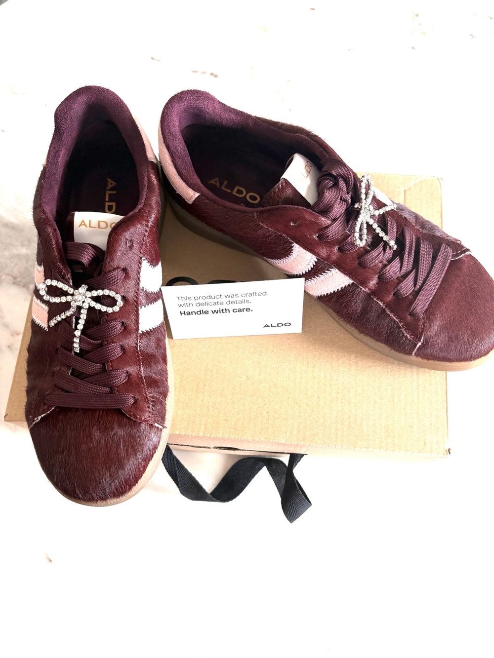 ALDO Burgundy and Blush Pink Haircalf Sneakers with Crystal Bow Laces